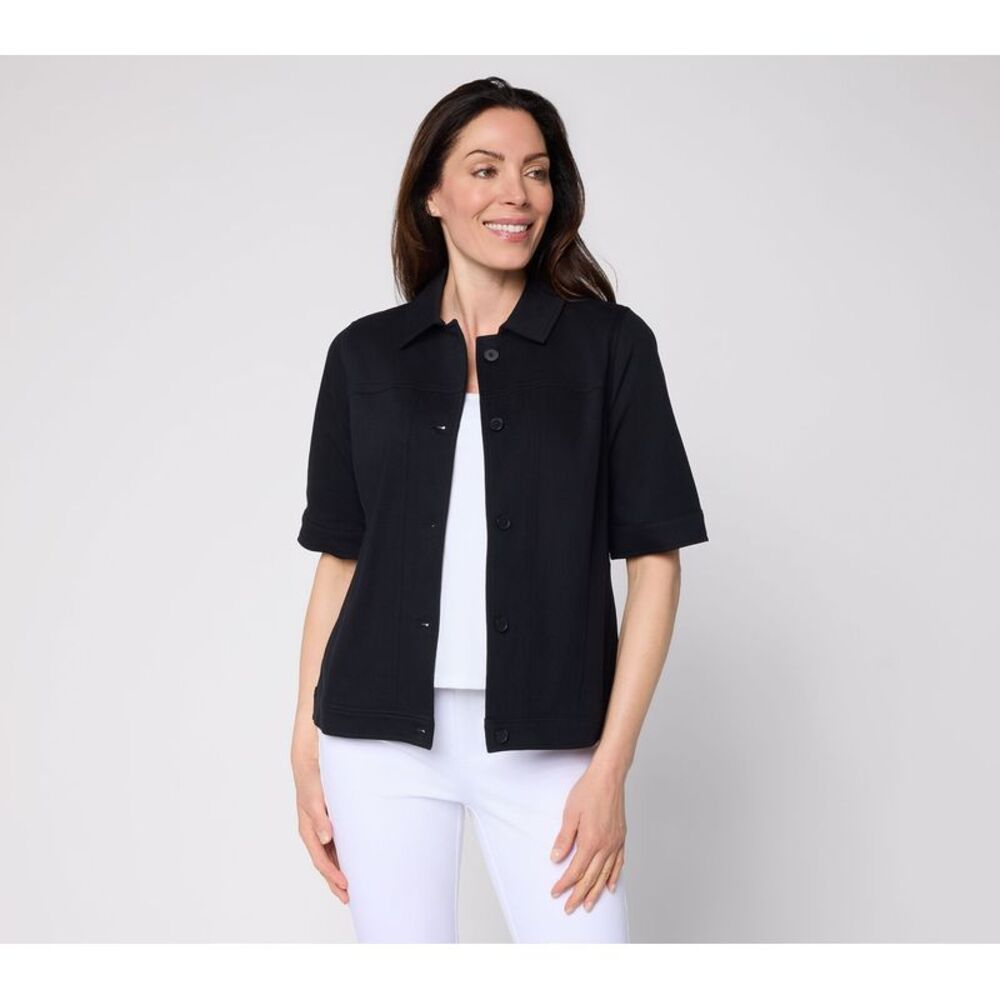 Denim & Co. Women's Jacket Sz L Comfy Knit Air Button Front Elbow Black